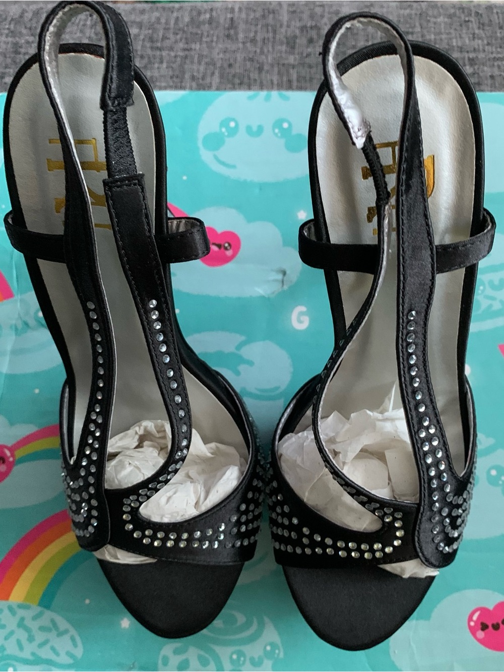 FRH Black T-Strap Heeled Sandals with Silver Studs